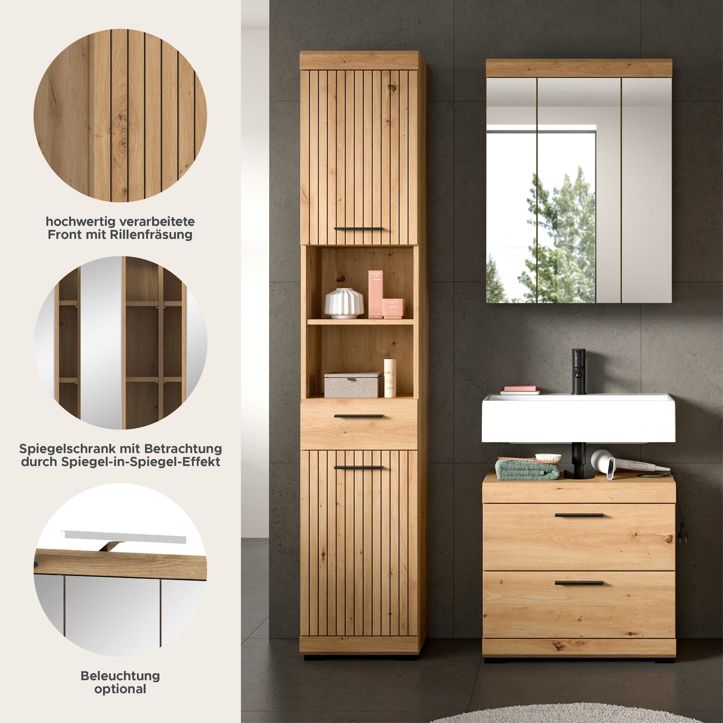 Badmöbel-Set mit Hochschrankfronten, Spiegelschrank und Waschtischkommode in Holzoptik