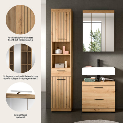 Badmöbel-Set mit Hochschrankfronten, Spiegelschrank und Waschtischkommode in Holzoptik