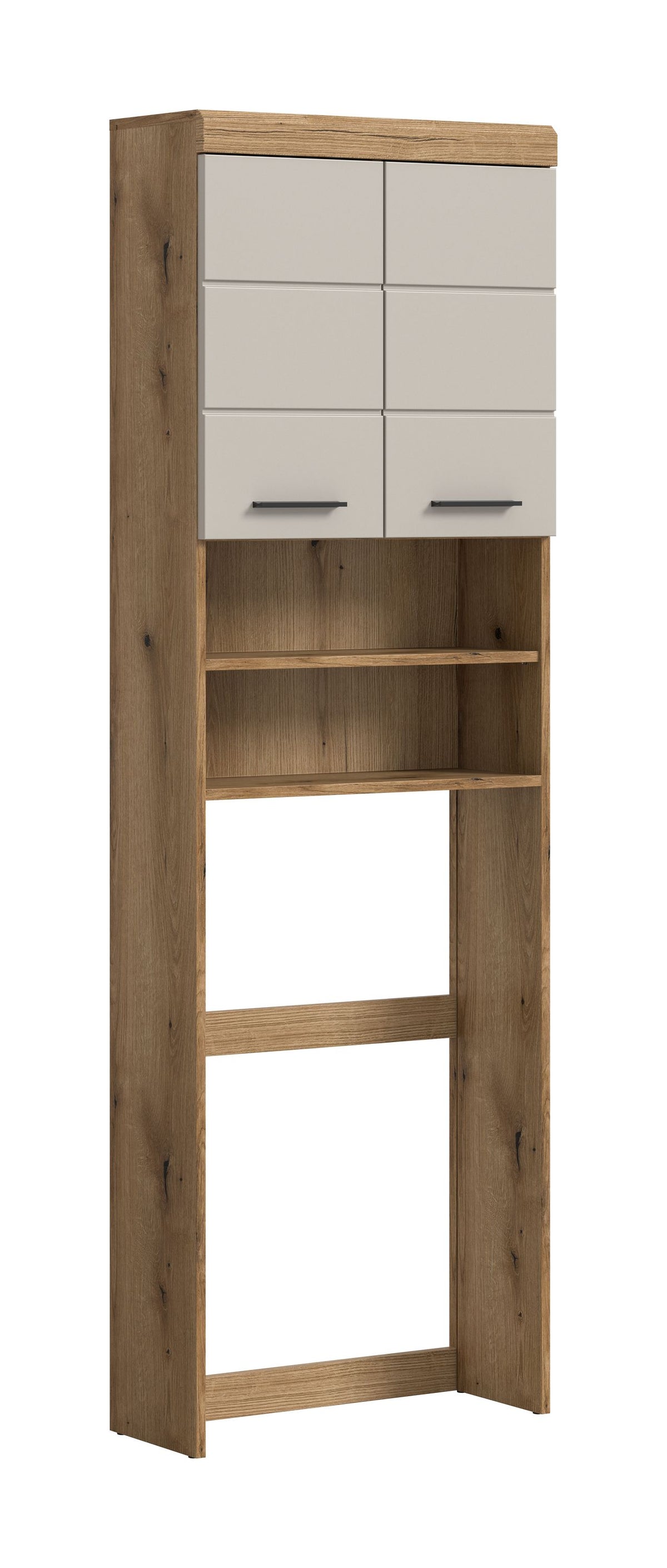 Waschmaschinenüberbau mit Ablagefächern, Holzoptik mit grauen Klappen oben