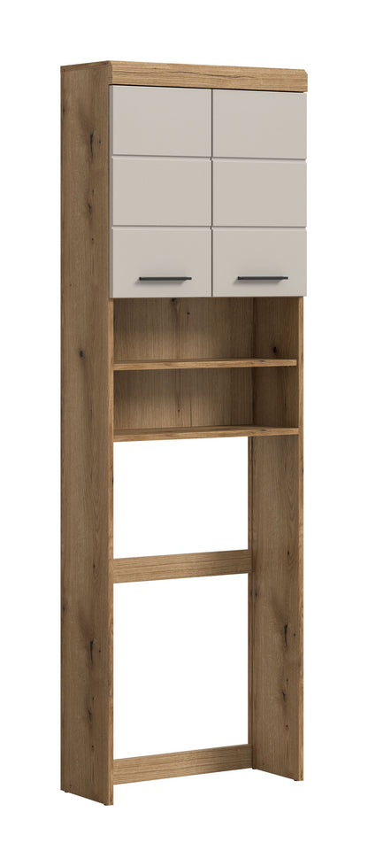 Waschmaschinenüberbau mit Ablagefächern, Holzoptik mit grauen Klappen oben