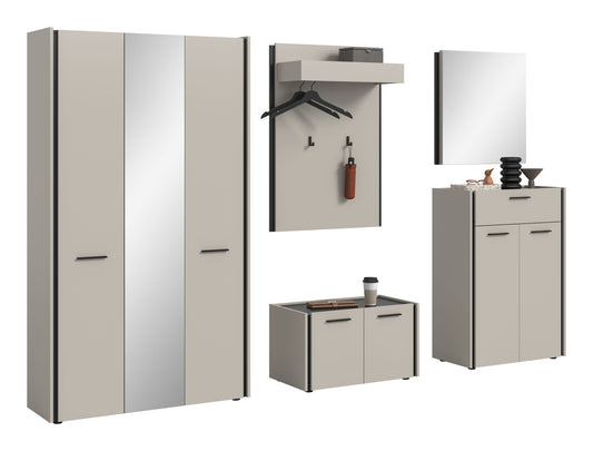 5-teiliges Flurmöbelset: Garderobenschrank, Spiegelkommode, Schuhbank mit Haken