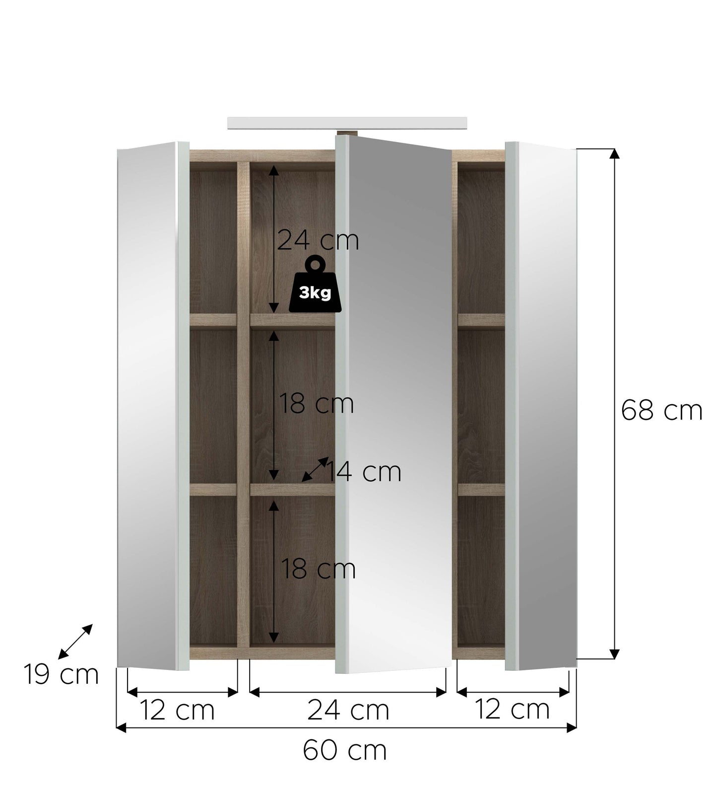 Armoire de toilette avec éclairage STAR (L/H/P : env. 60/68/19 cm) en chêne clair/verre miroir