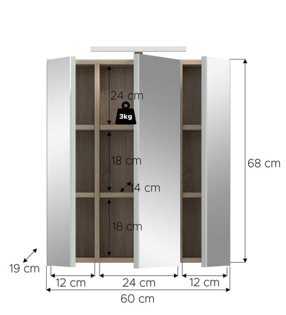 Armoire de toilette avec éclairage STAR (L/H/P : env. 60/68/19 cm) en chêne clair/verre miroir