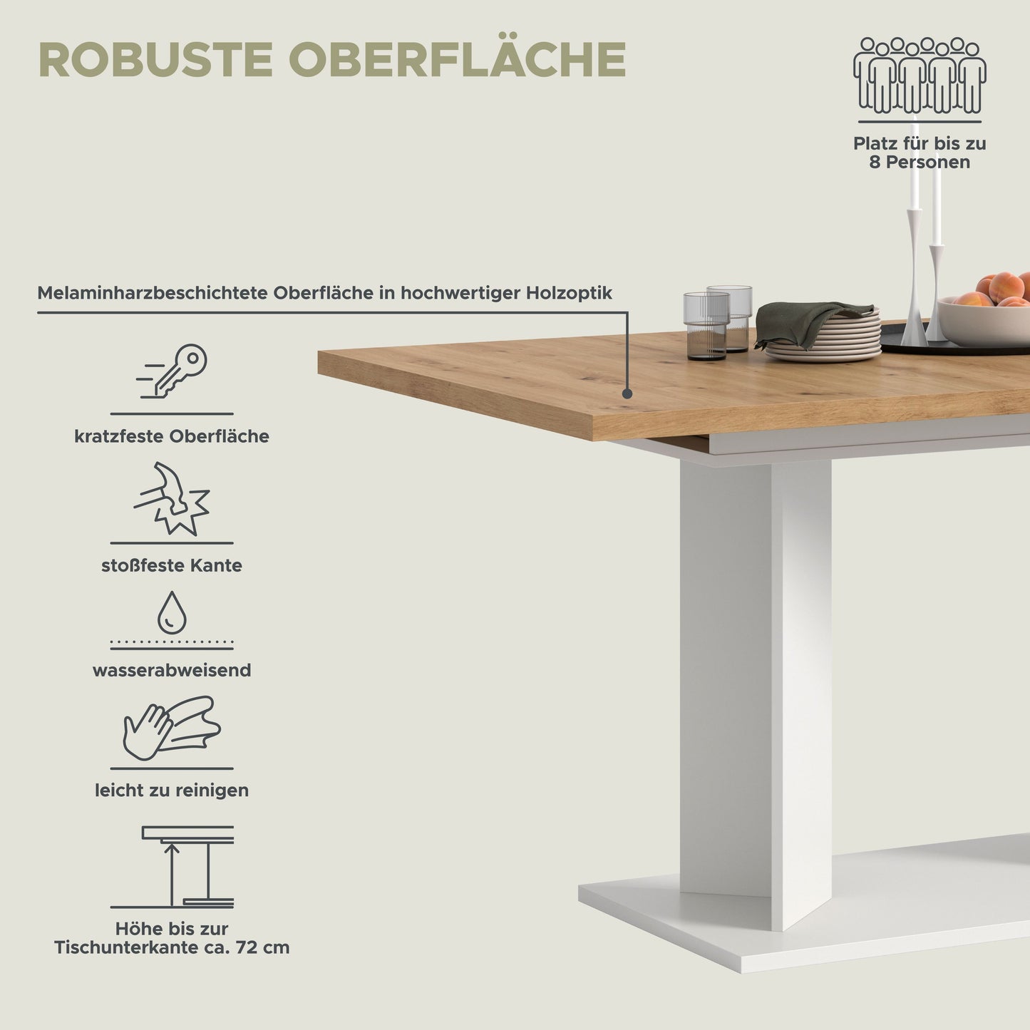 Table à manger GUSTAV (L/H/P : env. 190/76/90 cm) en blanc/imitation chêne Artisan