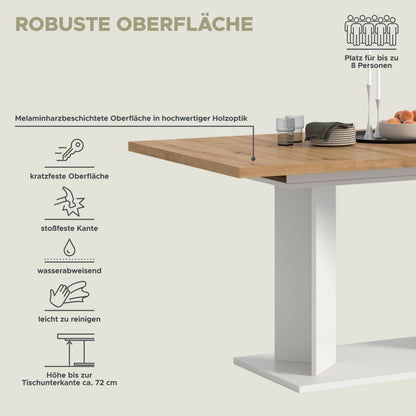 Table à manger GUSTAV (L/H/P : env. 190/76/90 cm) en blanc/imitation chêne Artisan