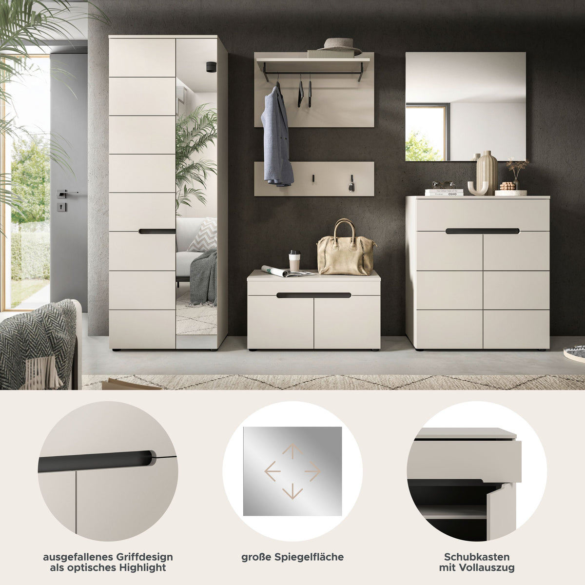Garderoben-Set mit großen Spiegelflächen und Griffdetails: weiße Fronten, Zubehör-Infografik