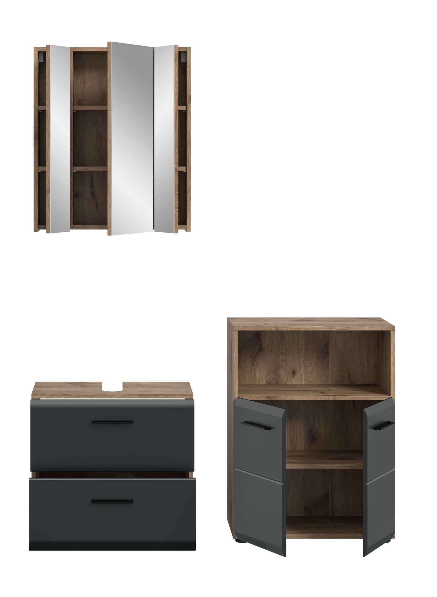 Badezimmer-Badmöbel-Set mit Hochschrank und Waschtischunterschrank, dunkle Front