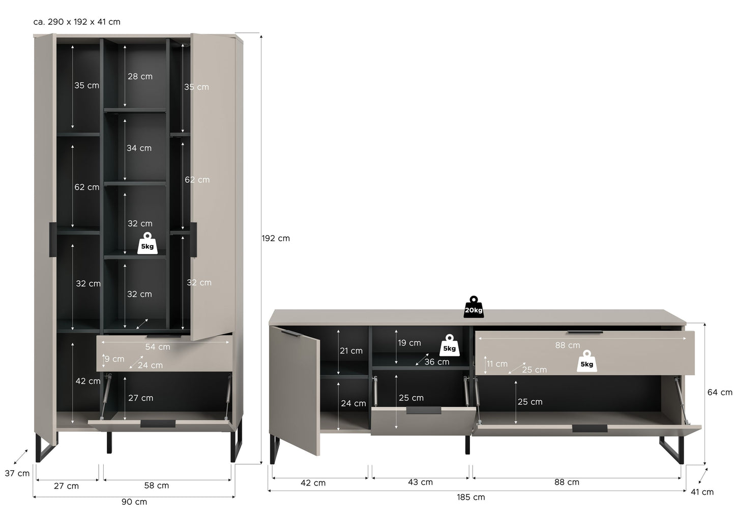 Combinaison murale NOIDA (L/H/P : env. 290/192/41 cm) en cachemire/cachemire