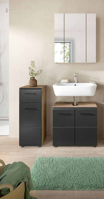 Badmöbel-Set mit Spiegeloberschrank, Waschbecken, Hochschrank und Unterschränken, anthrazit/holz
