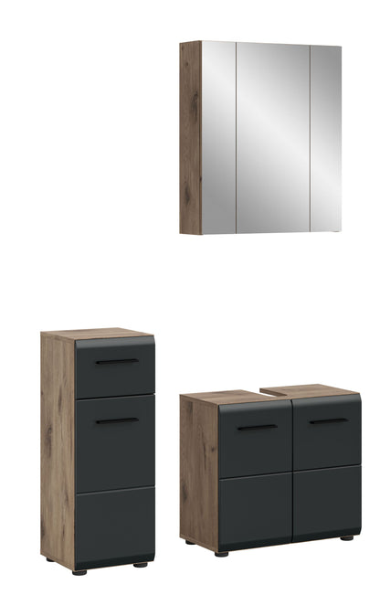 3-teiliges Badmöbel-Set mit Holzoptik und dunkler Front: Spiegelschrank, Hochschrank, Unterschrank