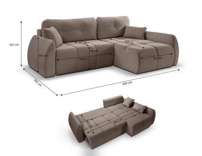 Canapé convertible d'angle Sancho Long – Canapé d'angle tendance en velours côtelé avec fonction couchage