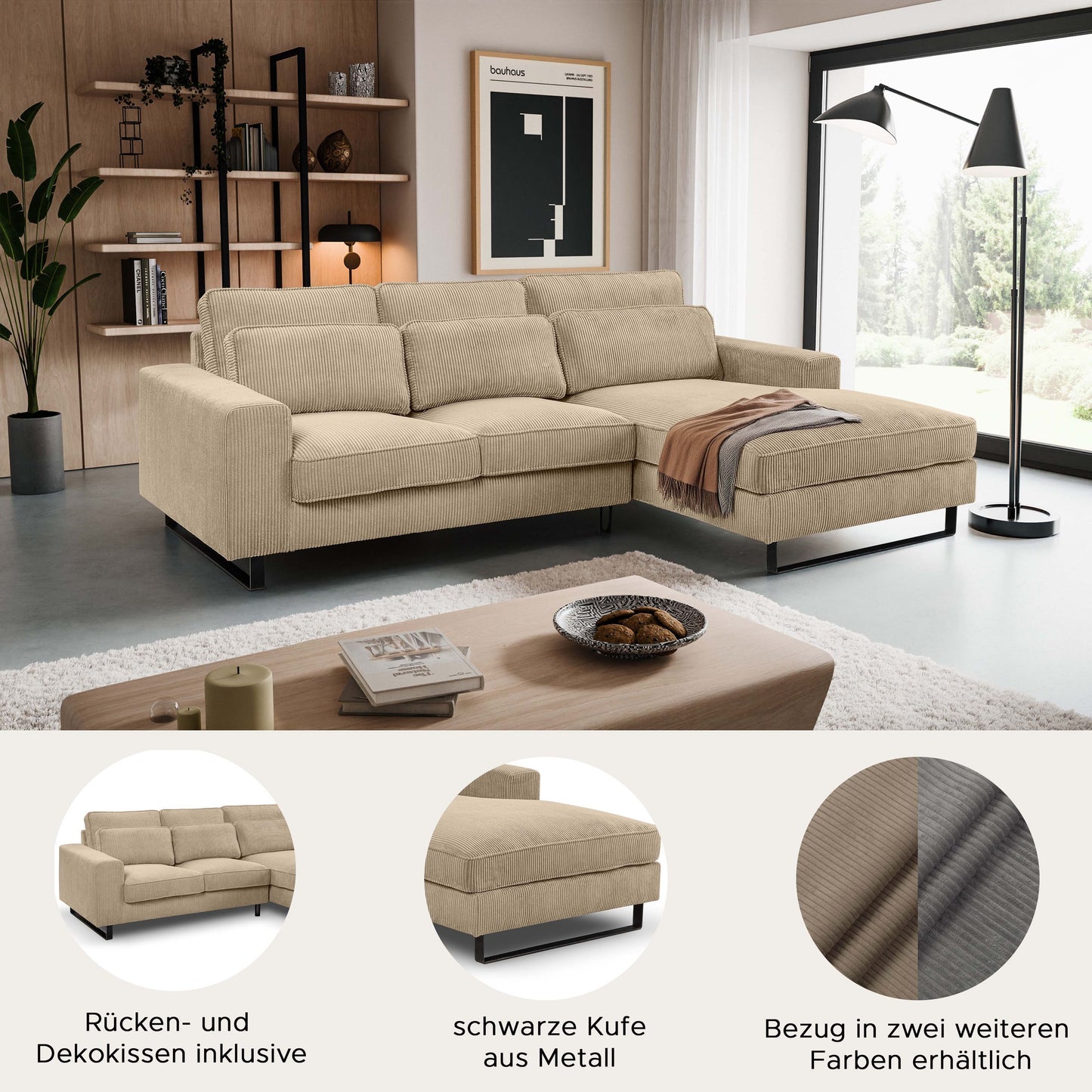 Beiges Cord-Ecksofa mit Recamiere, L-Form, gepolsterte Sitz- und Rückenkissen