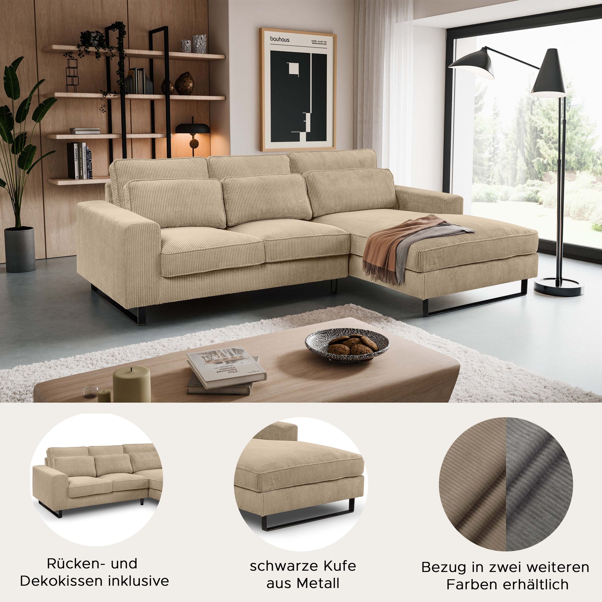 Beiges Cord-Ecksofa mit Recamiere, L-Form, gepolsterte Sitz- und Rückenkissen