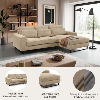 Beiges Cord-Ecksofa mit Recamiere, L-Form, gepolsterte Sitz- und Rückenkissen