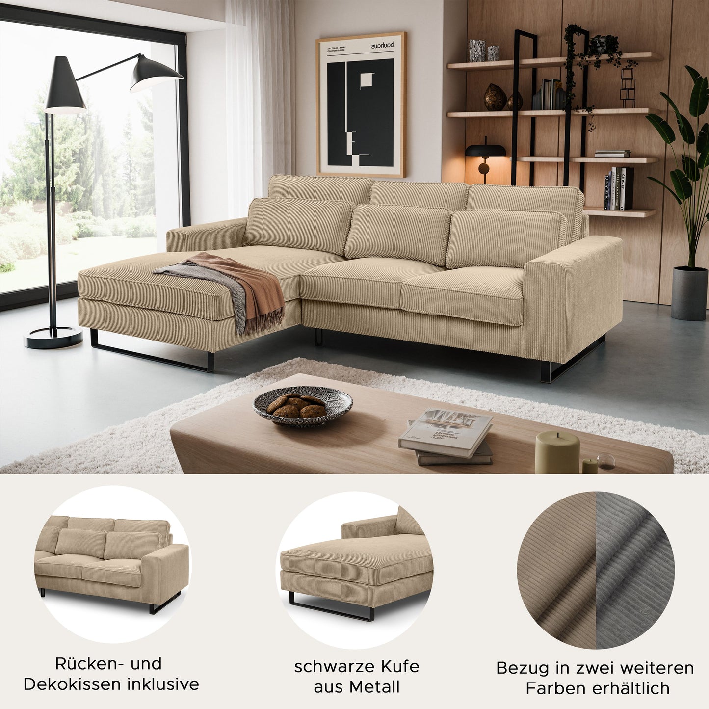 Ecksofa im Cordbezug, Rückenkissen und Sitzflächen, Detailansicht von Stoff und Kufe