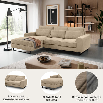 Ecksofa im Cordbezug, Rückenkissen und Sitzflächen, Detailansicht von Stoff und Kufe
