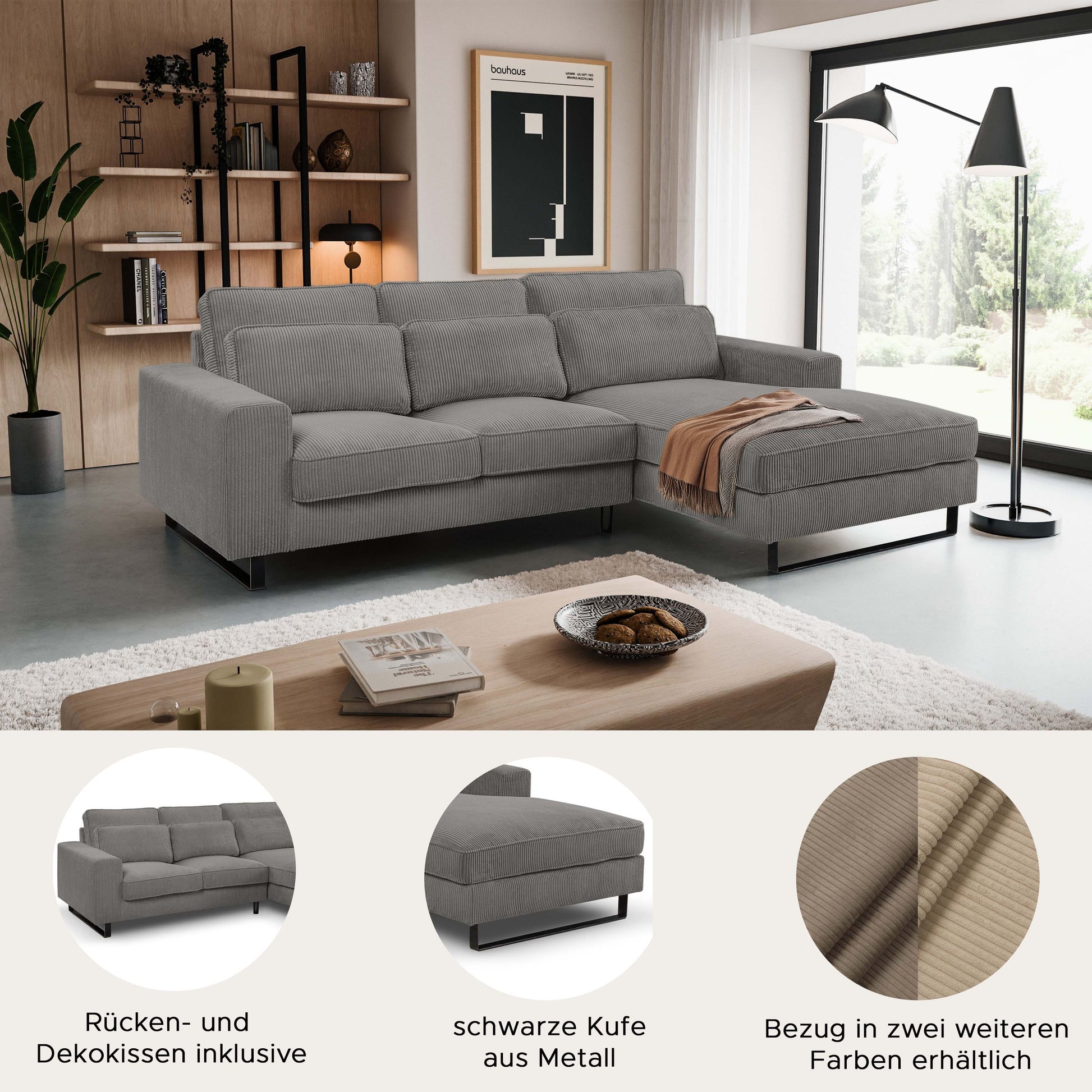 Graues Cord-Ecksofa mit Recamiere, L-Form, hohe Rückenkissen und gepolsterte Armlehnen