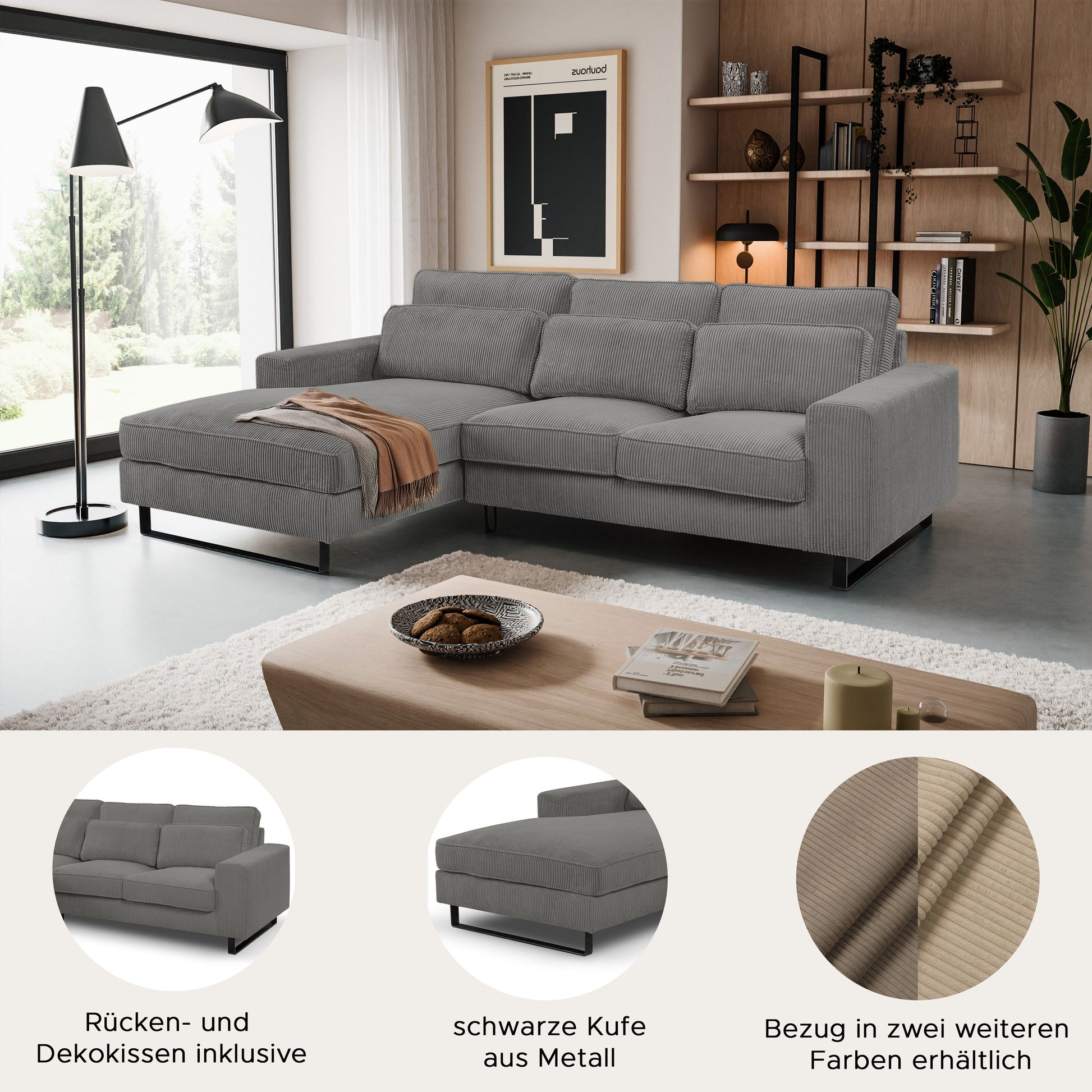 Graues Cord-Ecksofa mit Recamiere, breite Sitzbank, moderne Steppung der Polster