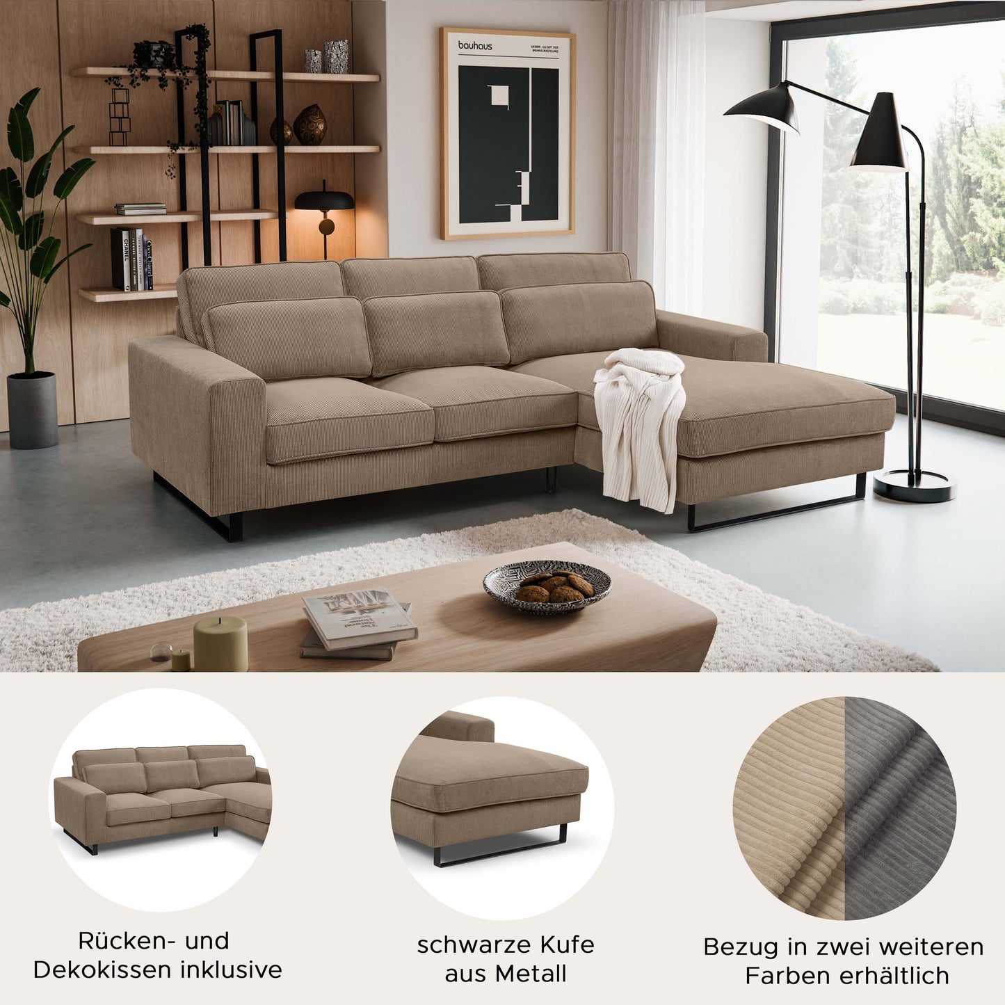 Beiges Cord-Ecksofa mit Recamiere, rechte L-Form, breite Armlehnen und Sitzfläche