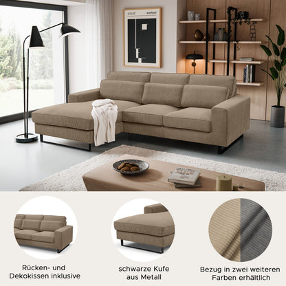 Beiges Cord-Ecksofa mit Recamiere, gepolsterte Rückenkissen und tiefe Sitzfläche