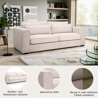 3-Sitzer Cord-Polstersofa mit hellbeigem Stoffbezug, gepolsterten Armlehnen und Rückenkissen