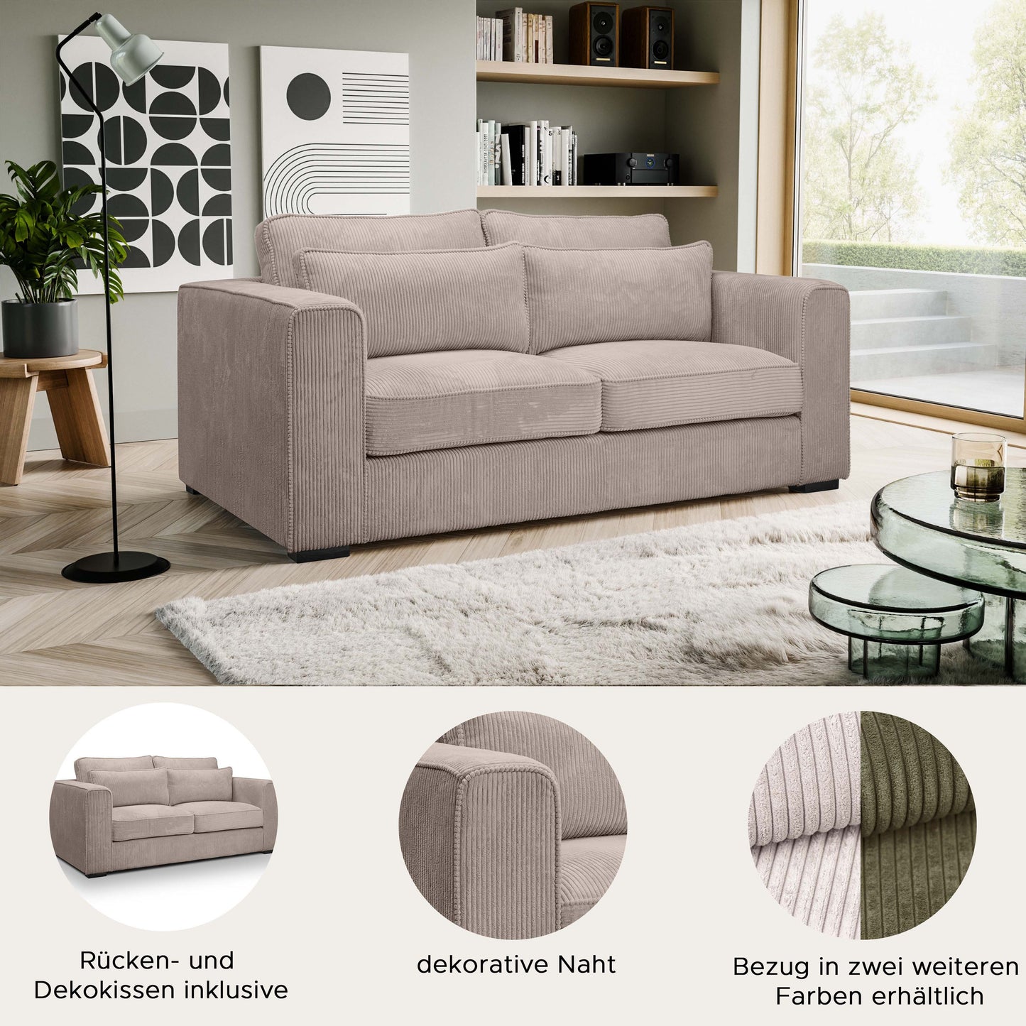 2,5-Sitzer-Polstersessel aus Cordstoff in Beige-Braun mit Armlehnen