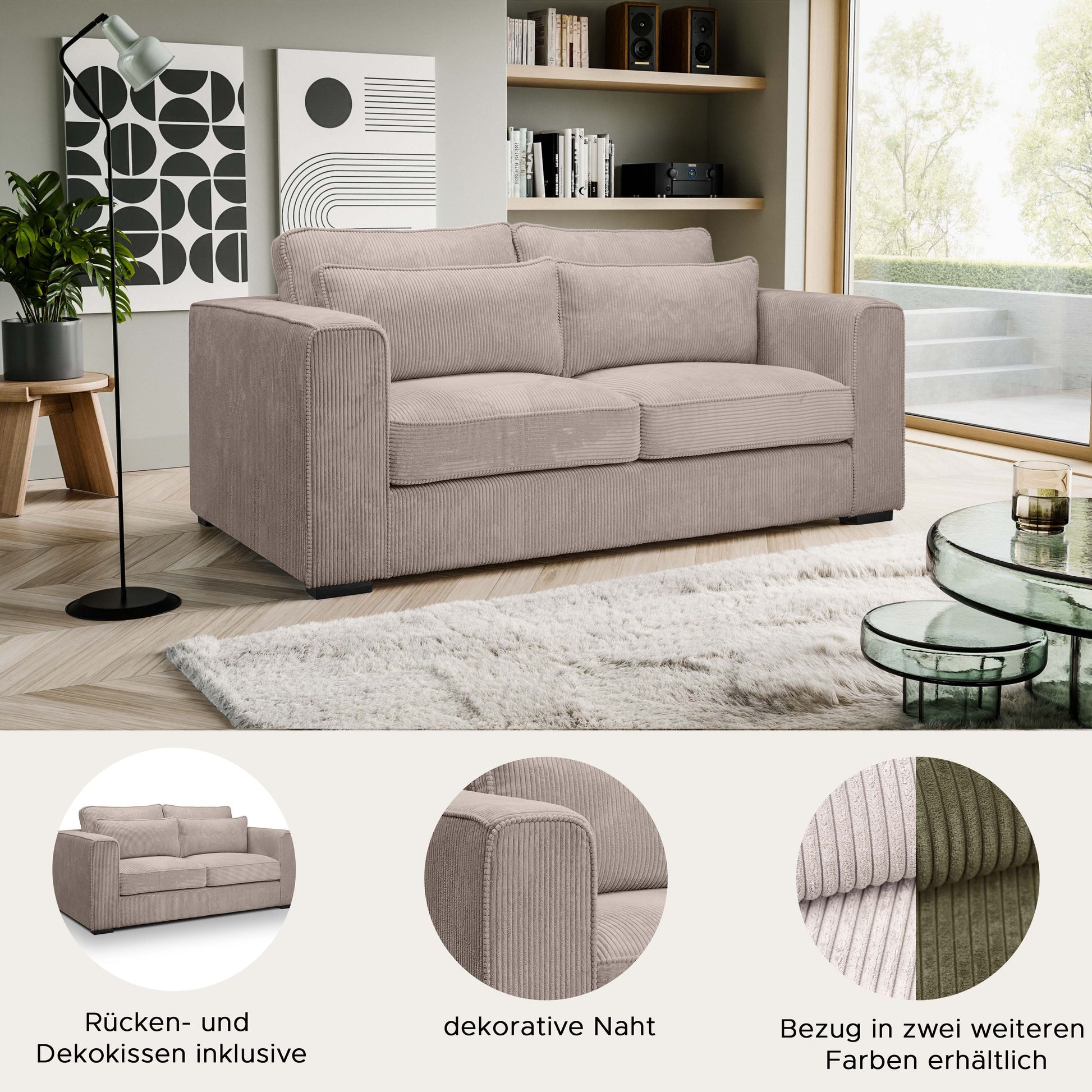 2,5-Sitzer-Polstersessel aus Cordstoff in Beige-Braun mit Armlehnen
