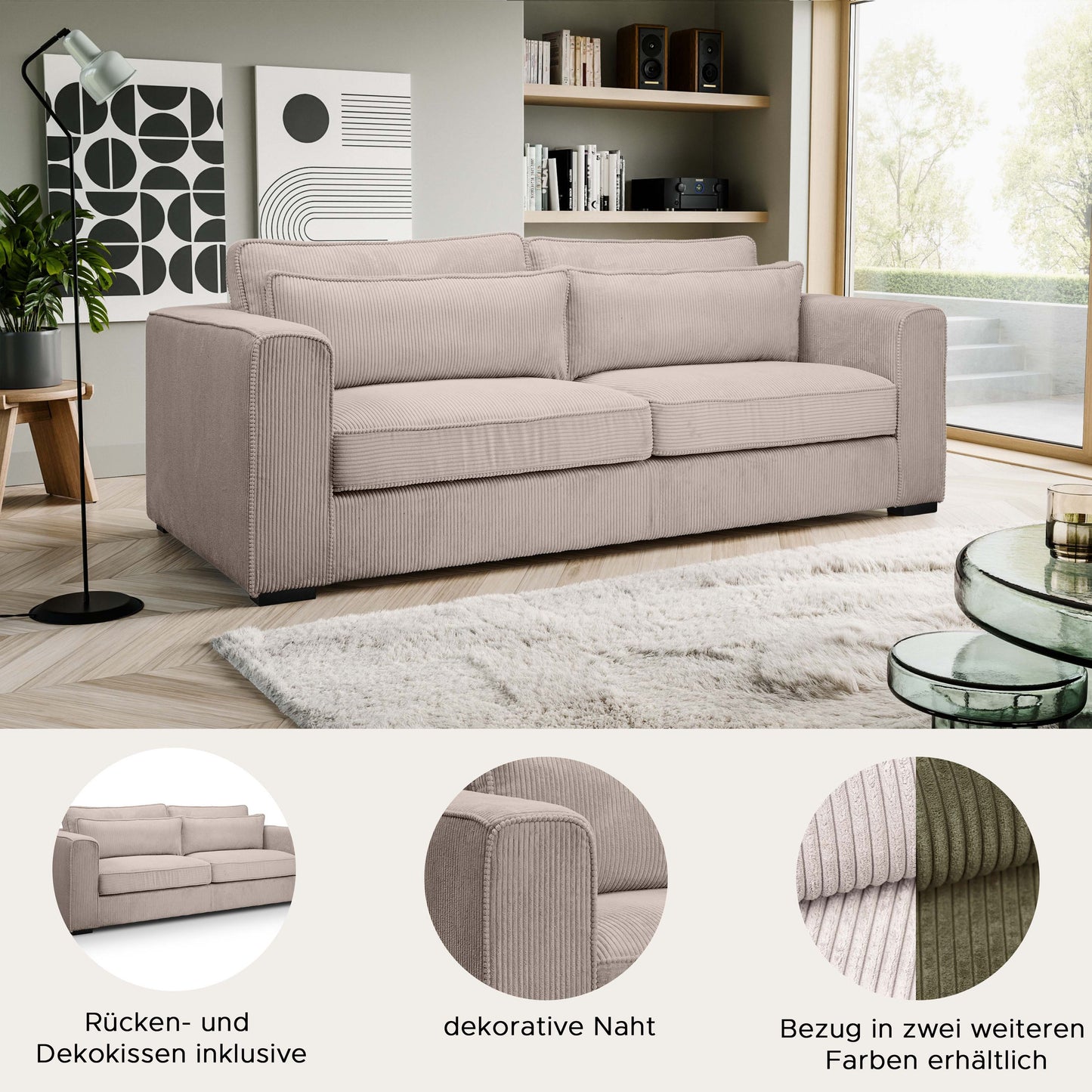 3-Sitzer Polstersessel mit Cordbezug, seitliche Ansicht in hellem Beige