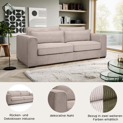 3-Sitzer Polstersessel mit Cordbezug, seitliche Ansicht in hellem Beige