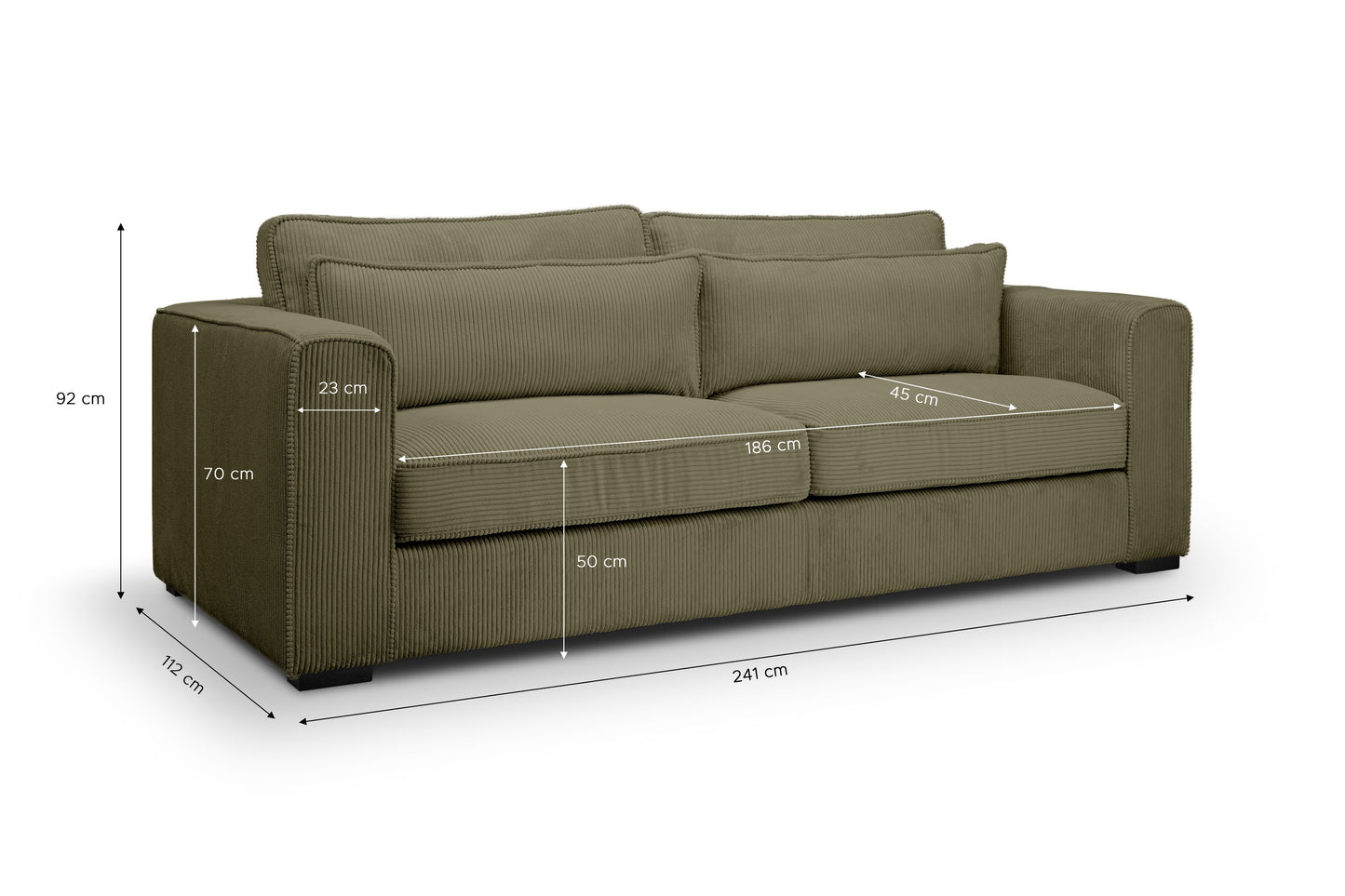 3-Sitzer-Polstersessel mit khaki Cordstoffbezug und Maßangaben, breite Sitzfläche