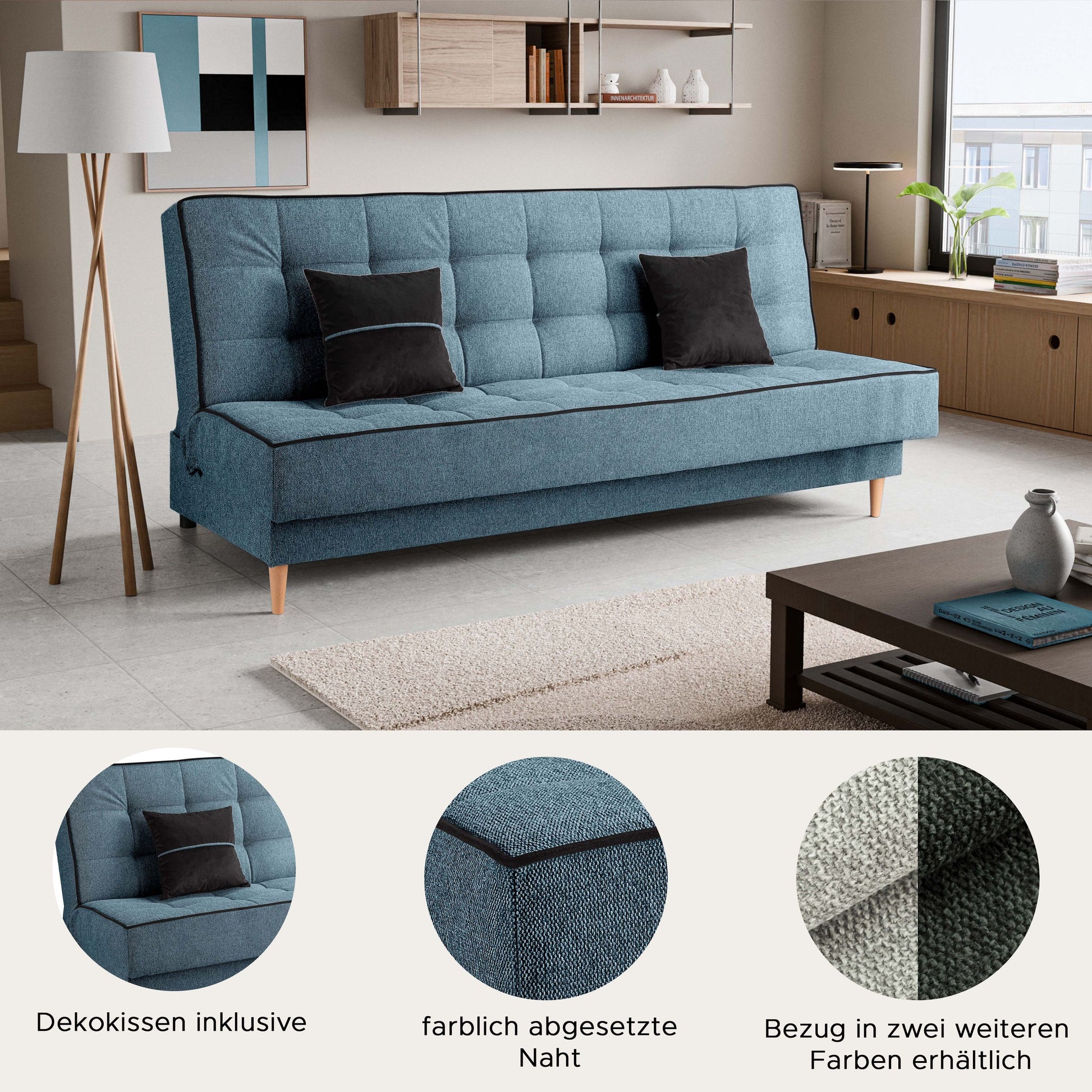 Schlafsofa mit Schlaffunktion, blauer Stoffbezug und zwei Zierkissen