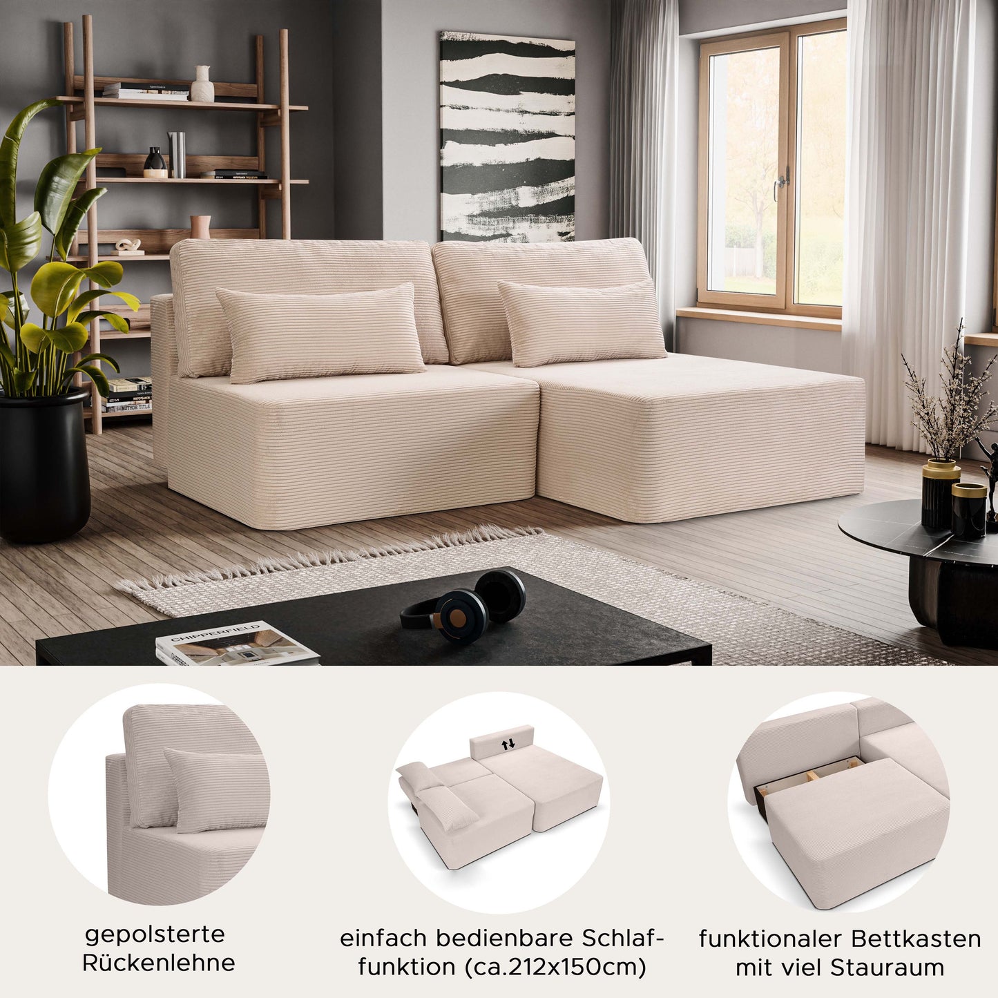 Beiges Schlafsofa in Eckform mit Rückenkissen und ausklappbarer Liegefläche