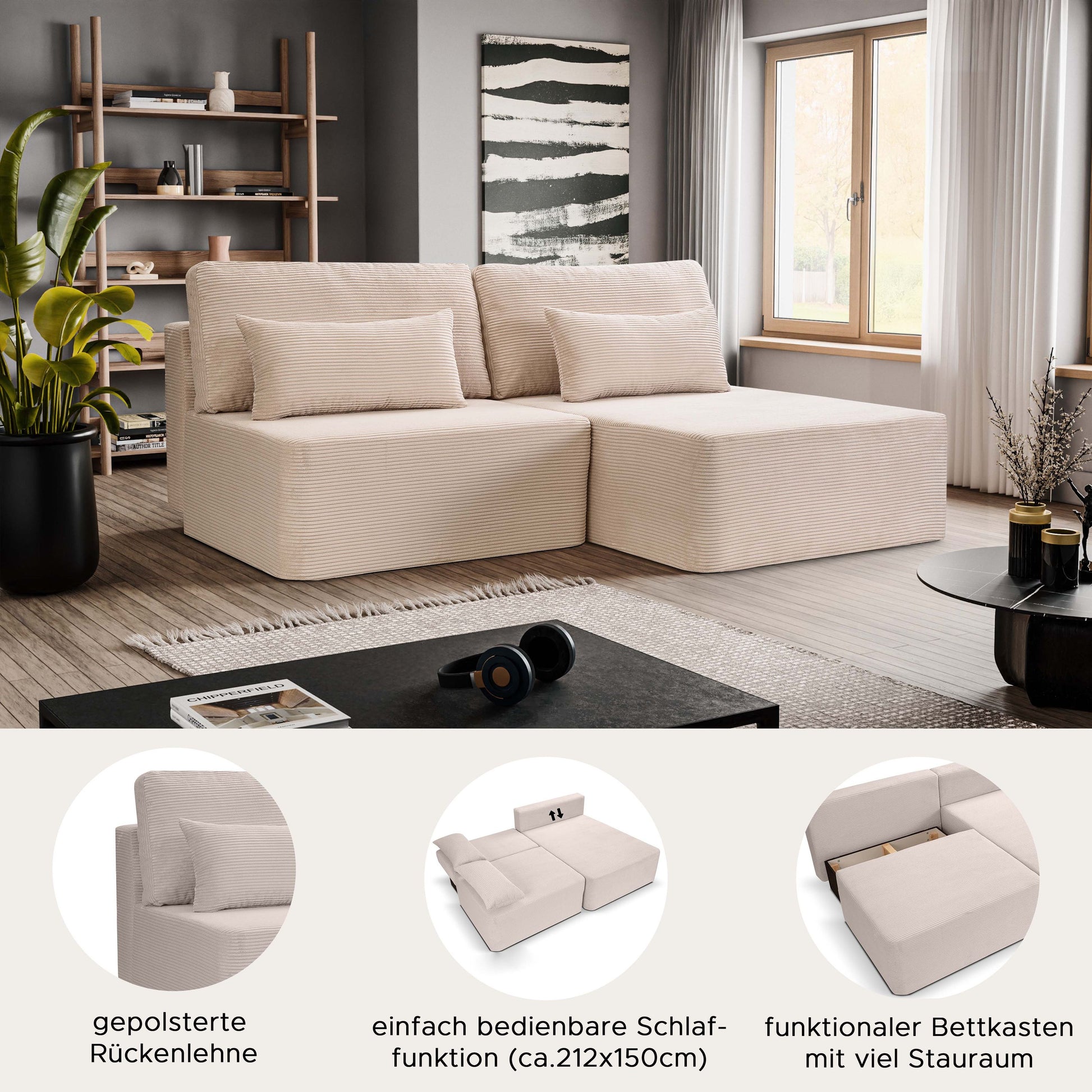 Beiges Schlafsofa in Eckform mit Rückenkissen und ausklappbarer Liegefläche
