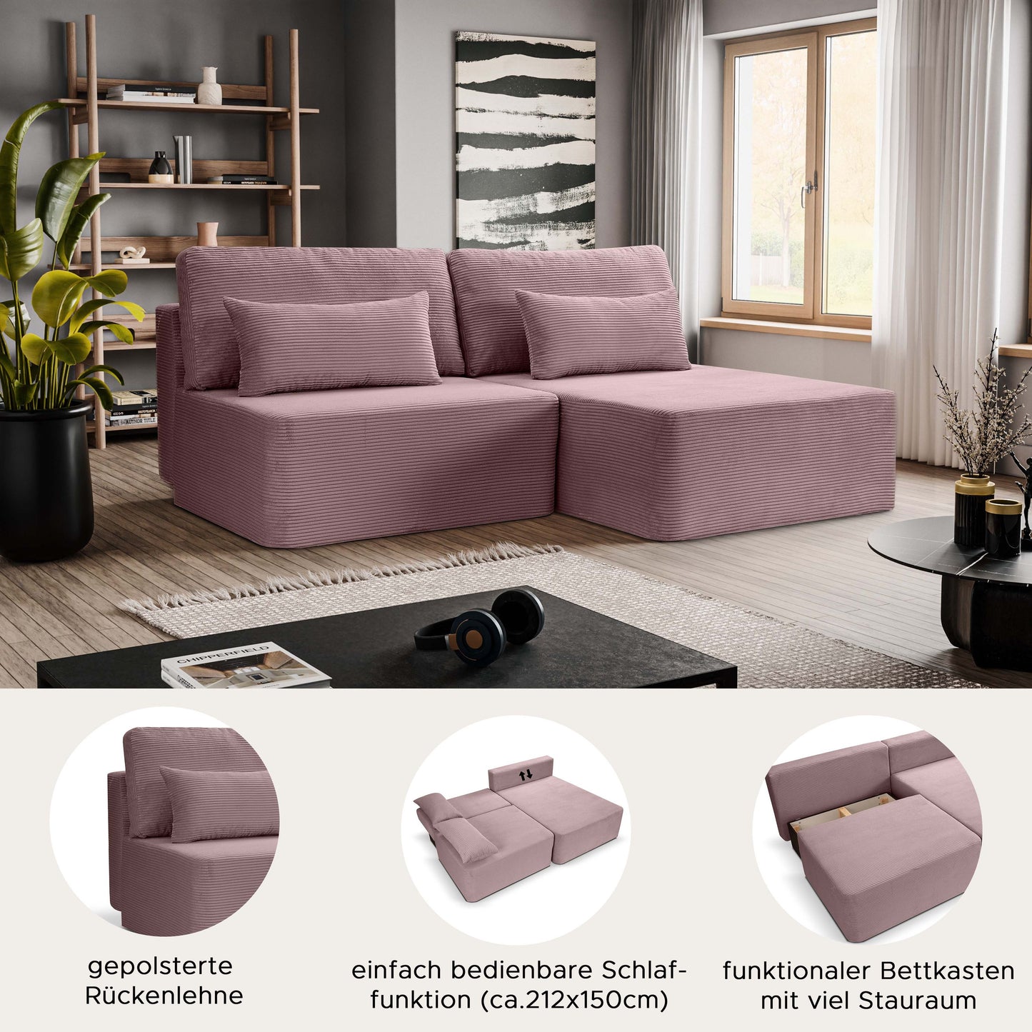 Schlafsofa mit Cordbezug in Altrosa, Eckform mit zwei Rückenkissen