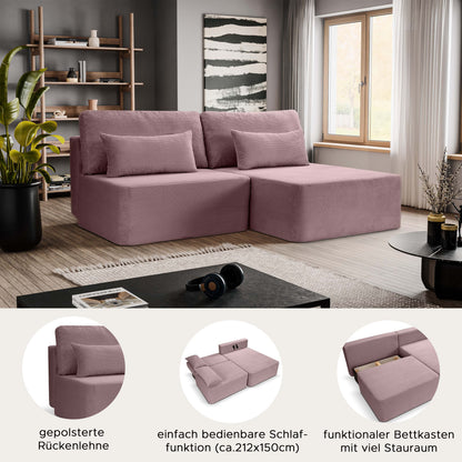 Schlafsofa mit Cordbezug in Altrosa, Eckform mit zwei Rückenkissen