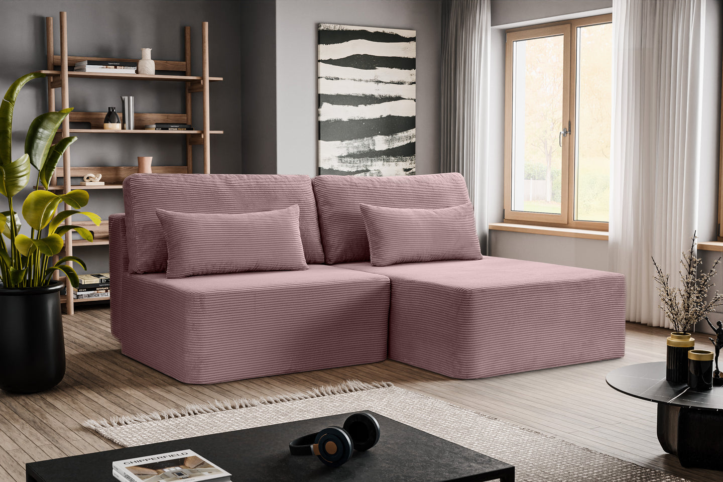 Millieubild eines rosa Ecksofas 
