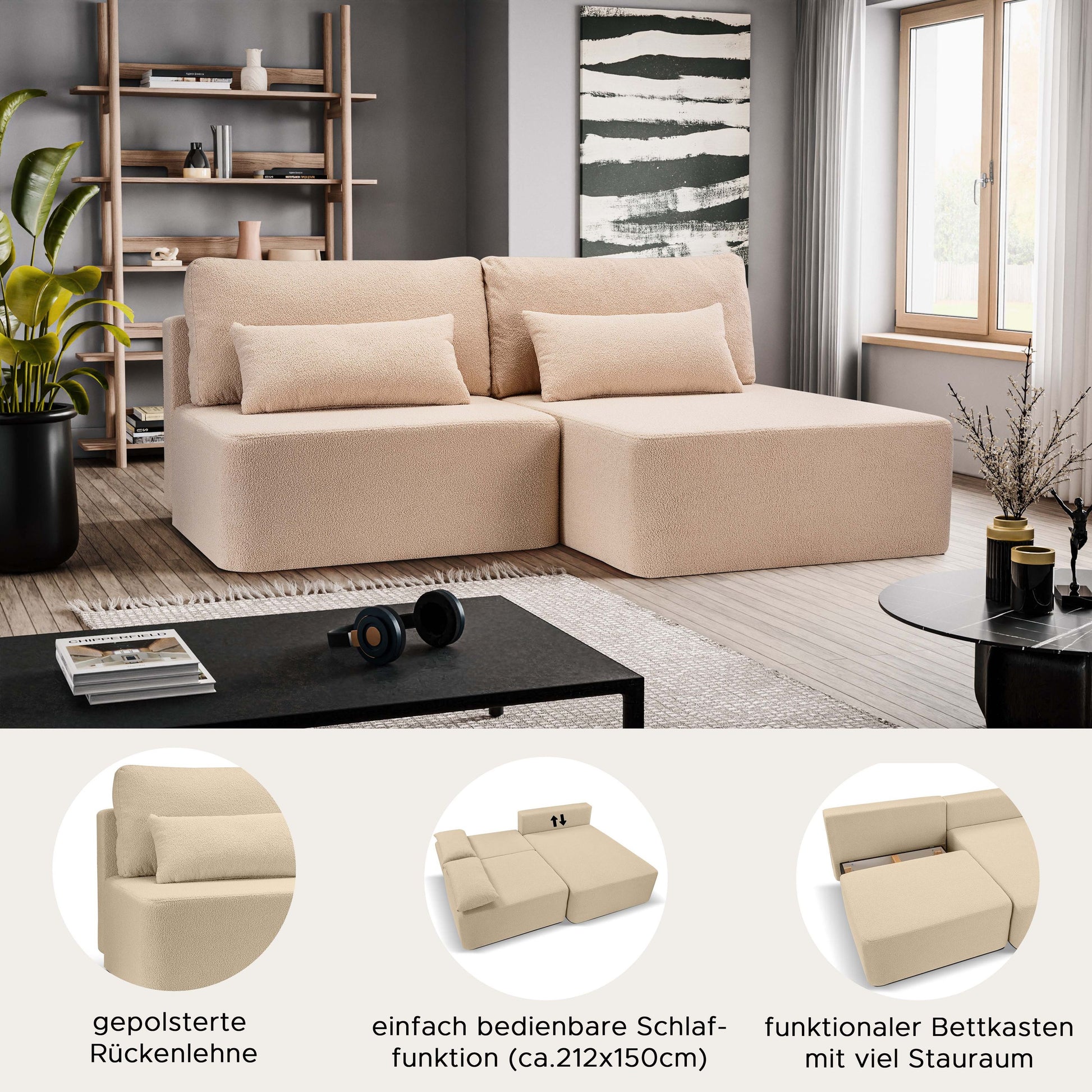 Cord-Schlafsofa in Beige, Schlaffunktion mit zwei Rückenkissen und Polstern