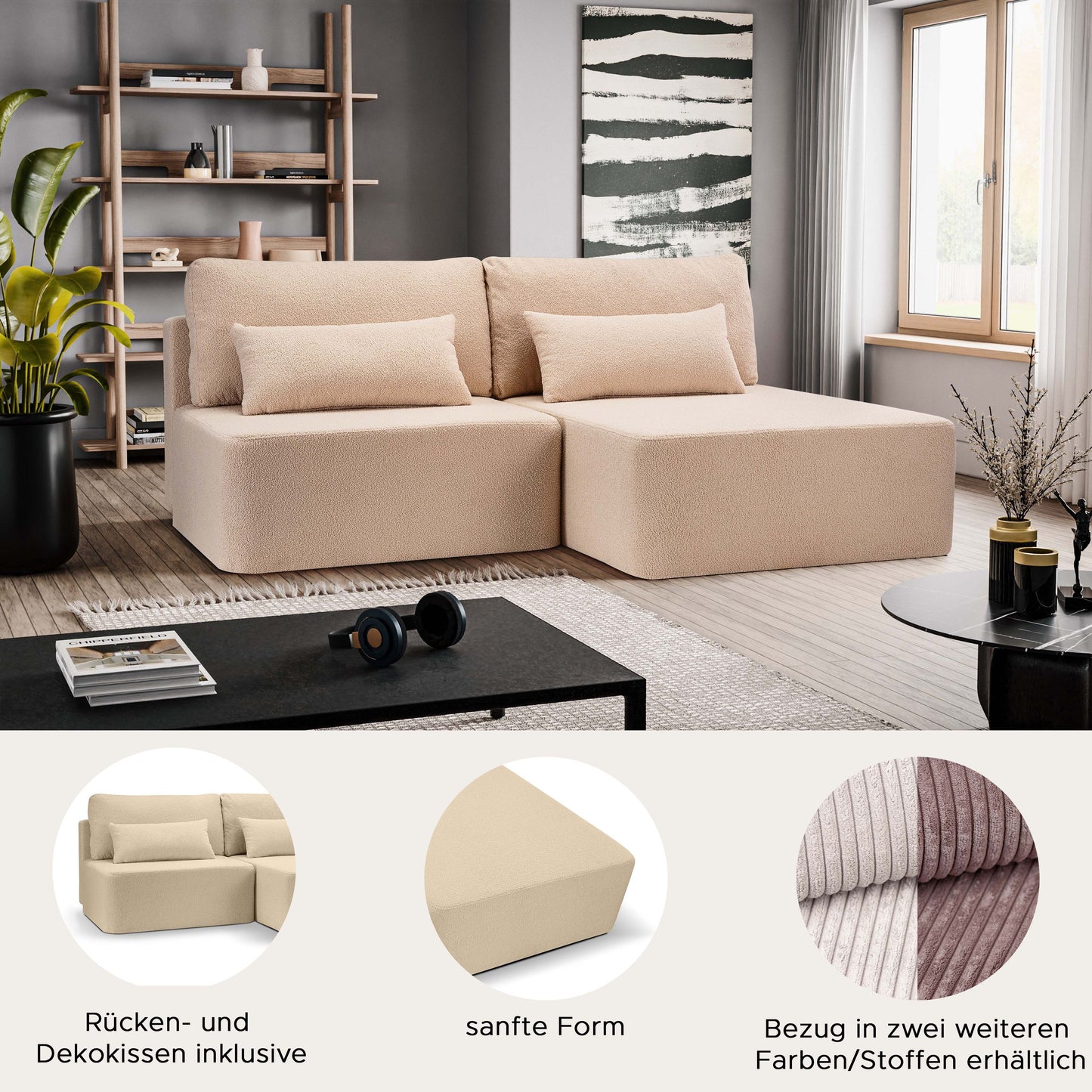 Beiges Cord-Schlafsofa in Eckform mit gepolsterten Rückenkissen und Schlaffunktion