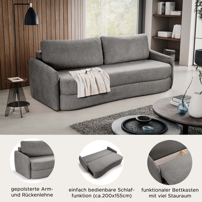 Schlafsofa mit Schlaffunktion, dunkelgrüner Bezug, Armlehnen und Bettkasten-Detail