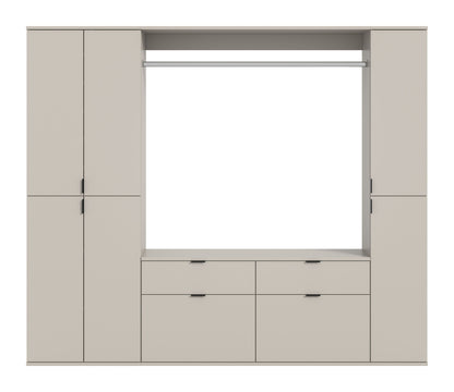 Garderoben-Schrank mit offenen Fächern, Kleiderstange und Schubkästen, hellbeige