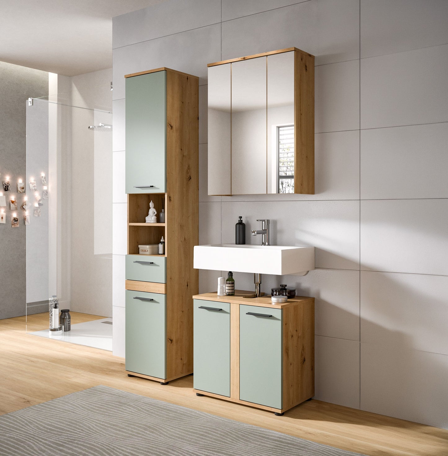 Homes & Jones Badmöbel-Set: Waschtisch-Unterschrank, Hochschrank und Spiegelschrank an Wand