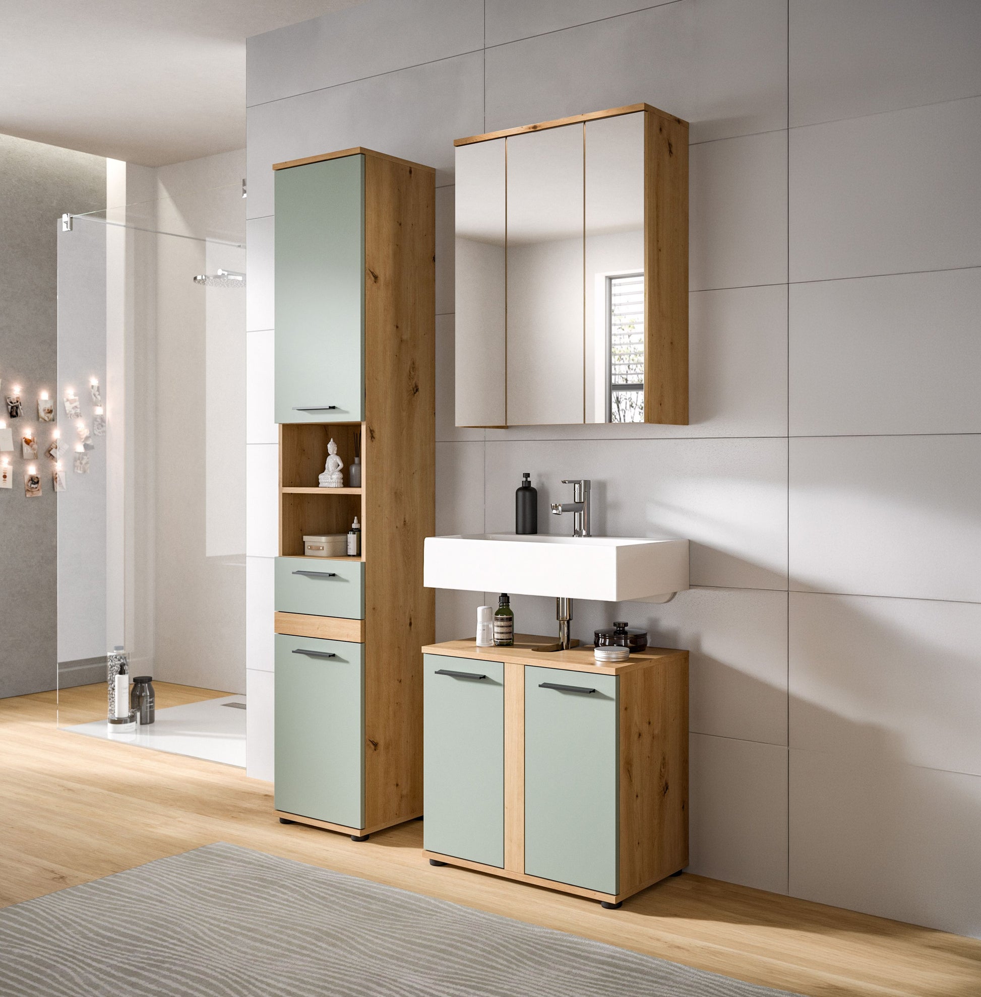 Homes & Jones Badmöbel-Set: Waschtisch-Unterschrank, Hochschrank und Spiegelschrank an Wand