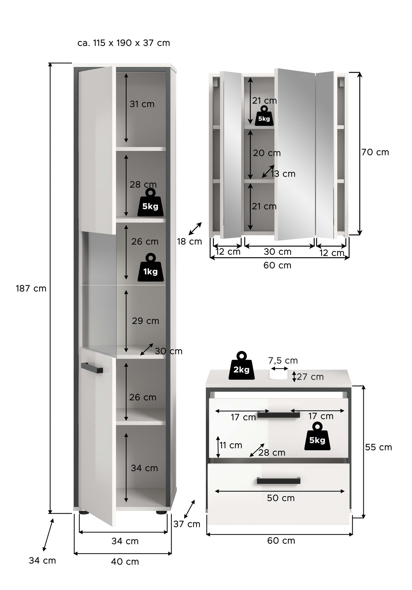 Schmales Badmöbelset, Maßskizze: Hochschrank, Spiegelschrank und Waschtisch-Unterschrank mit Schubladen