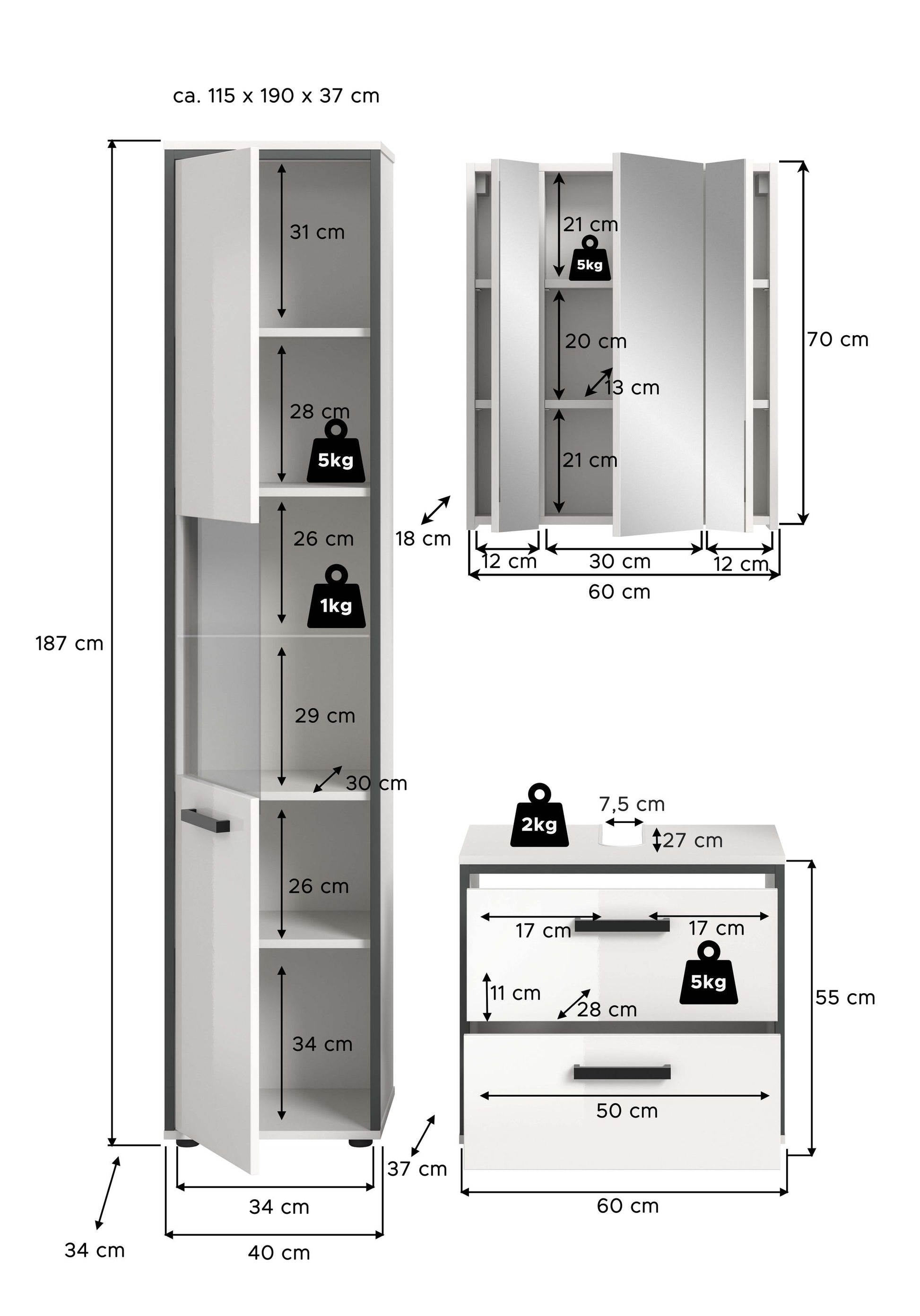 Schmales Badmöbelset, Maßskizze: Hochschrank, Spiegelschrank und Waschtisch-Unterschrank mit Schubladen