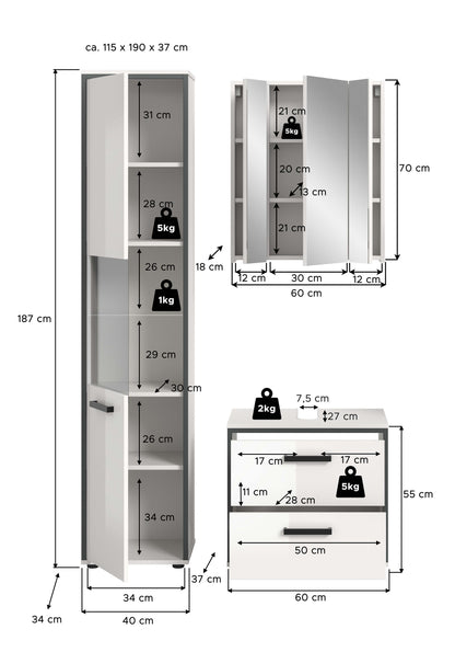 Schmales Badmöbelset, Maßskizze: Hochschrank, Spiegelschrank und Waschtisch-Unterschrank mit Schubladen