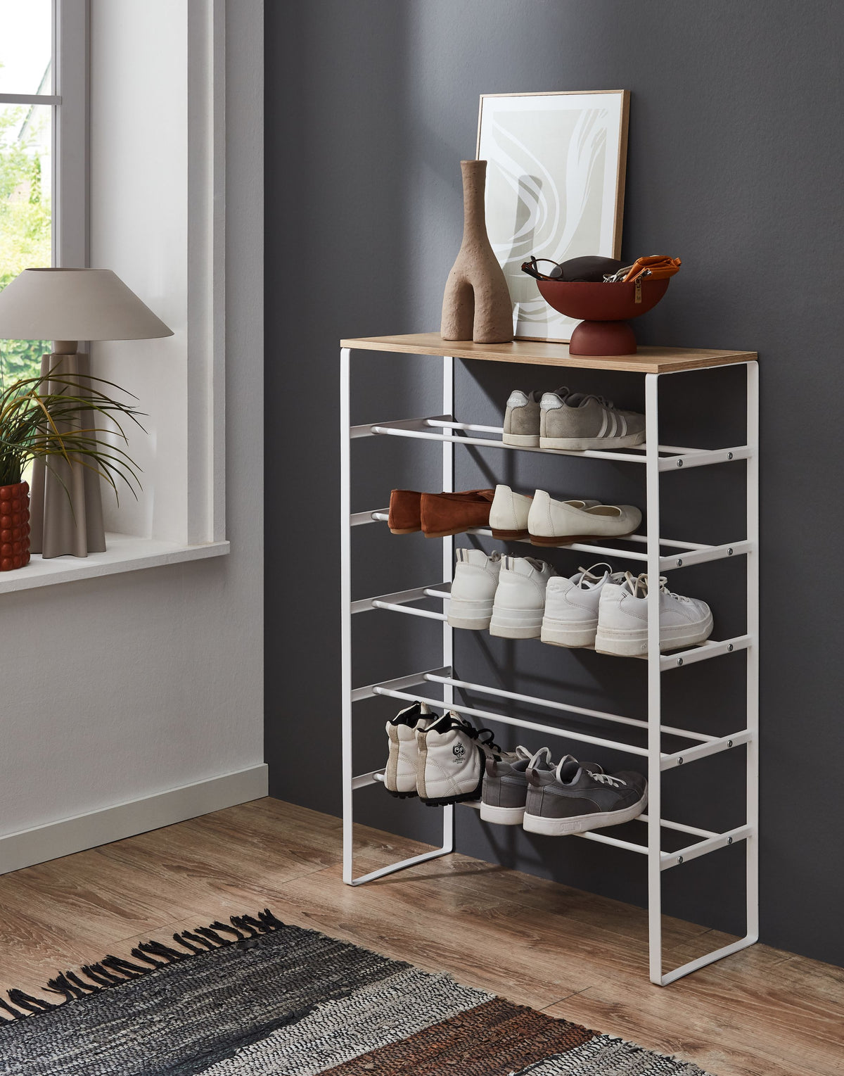Shoe Rack Maren with 6 Shelves Made of Wood & Metal