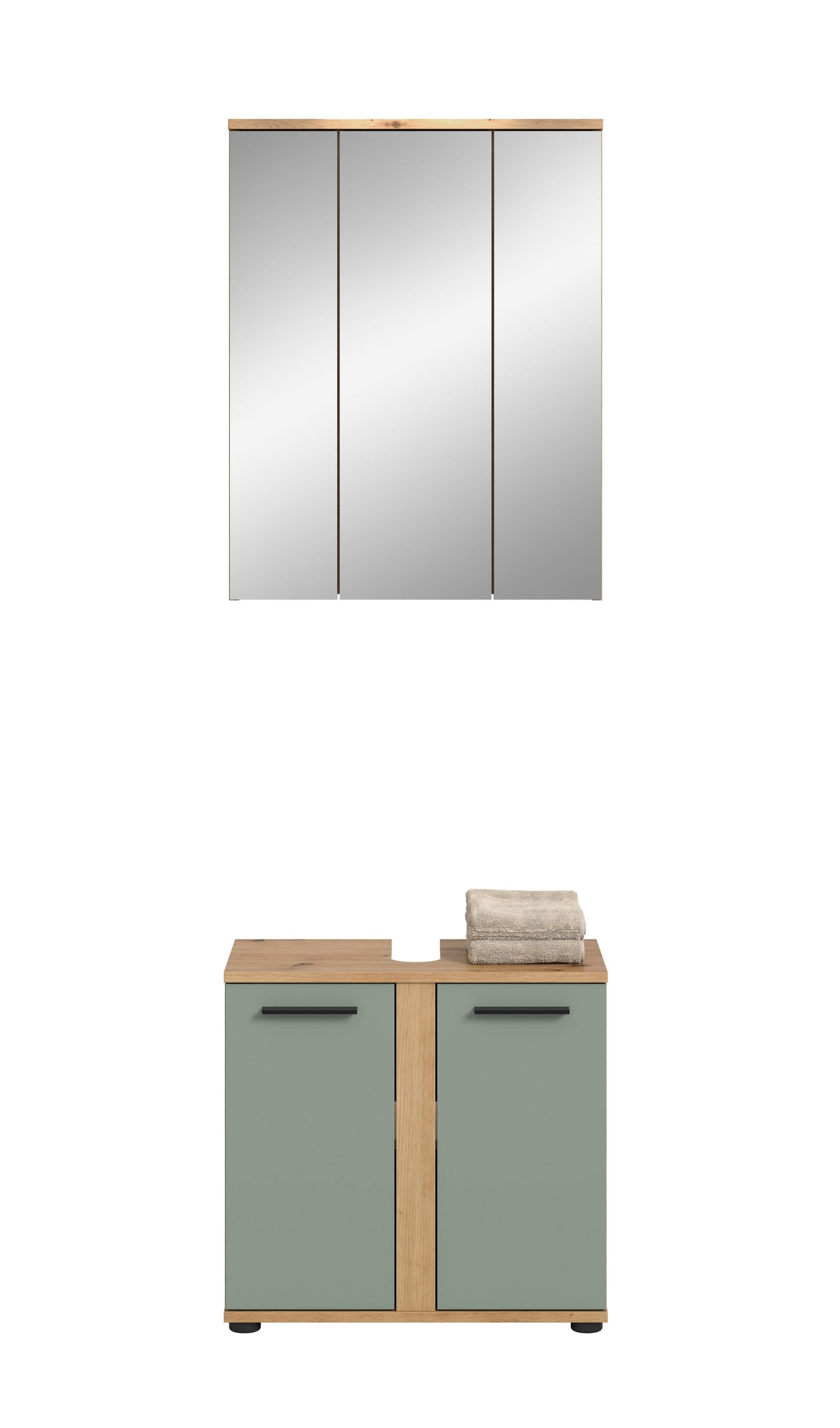 Badezimmerschrank mit zwei Klapptüren in Hellgrün, Holzseiten und Metallgriffen