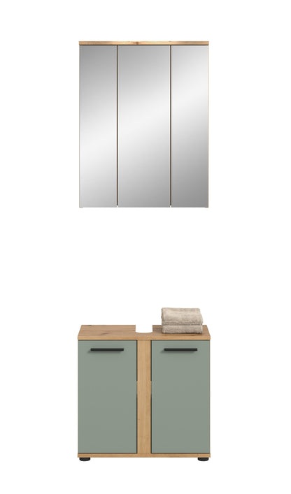 Badezimmerschrank mit zwei Klapptüren in Hellgrün, Holzseiten und Metallgriffen