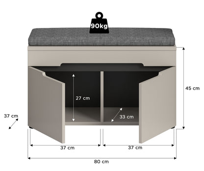 Sitzbank mit Sitzkissen, Basaltgrau, Maße 80 x 45 x 37 cm, Stauraum, 90 kg