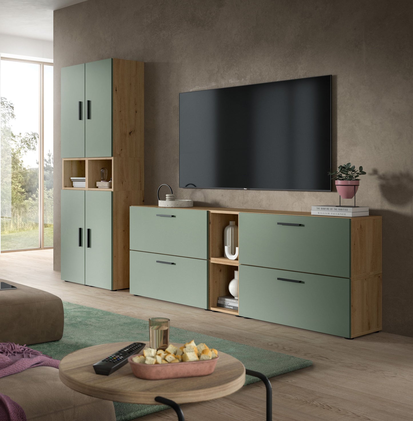Wall Unit THE ONE (W/H/D: approx. 65/178/34 cm) in Artisan Oak finish/Smoke Green